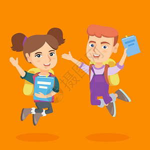 战术背包快乐的男孩和女孩拿着书跳跃插画