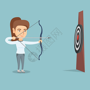 瞄准靶心射箭的女青年卡通矢量插画图片素材