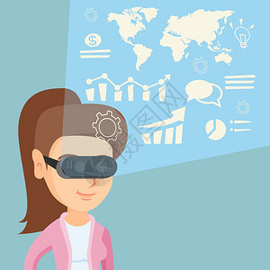 身着虚拟现实头盔的青年商业女性用图表分析虚拟数据矢量漫画插图方图片