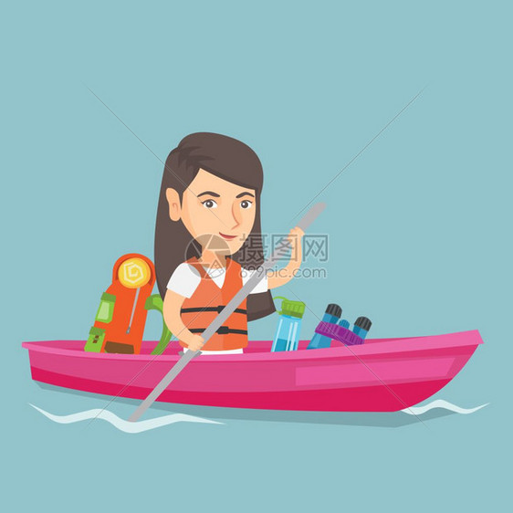 在河上骑着皮艇的年轻女性旅行者 图片
