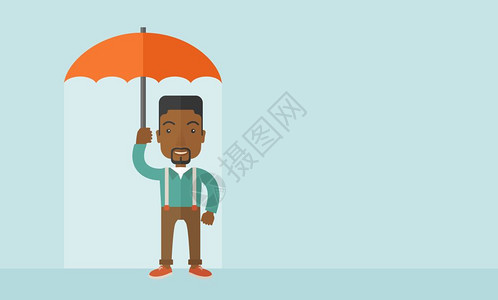 成功的商人站在保护伞旁边他免受阳光和雨的侵袭一种当代风格面盘调色板软蓝背景矢量平面设计图解水平布局右边有文字空间成功的人有雨伞图片