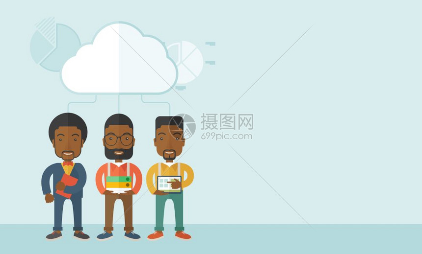 3名黑人男子站在云下拿着书籍文件笔记本和平板准备进行商业演示一种当代风格面盘调色板软蓝背景有不饱和的云层矢量平面设计图示水平布局图片