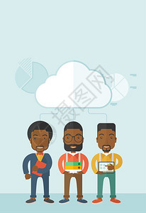 3名黑人男子站在云下持有书籍文件笔记本和平板准备进行商业演示一种当代风格具有粘贴调色板软蓝背景有不饱和的云层矢量平板设计图示垂直图片
