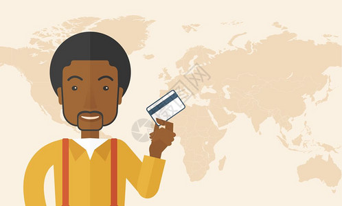 一个快乐的非洲商人幸好站在他的信用卡上满足概念一种当代风格面盘糊软米色背景矢量平面设计图解横向布局右侧有文字空间快乐的商人站在信图片