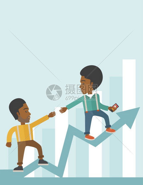 两位非洲商人互相帮助发展商业从而成功伙伴关系概念一种当代风格面盘调色板软蓝背景矢量平板设计图示垂直布局上面有文字空间两位黑人在箭图片