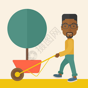 一位非洲年轻人用绿树推车矢量图图片