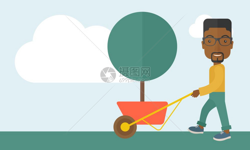 一位非洲年轻人用绿树推车矢量图图片