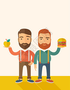a两名商人站立比较苹果与汉堡其中的是健康食品一种当代风格有糊盘色软米背景矢量平板设计插图垂直布局上面有文字空间两位商人将苹果与汉图片
