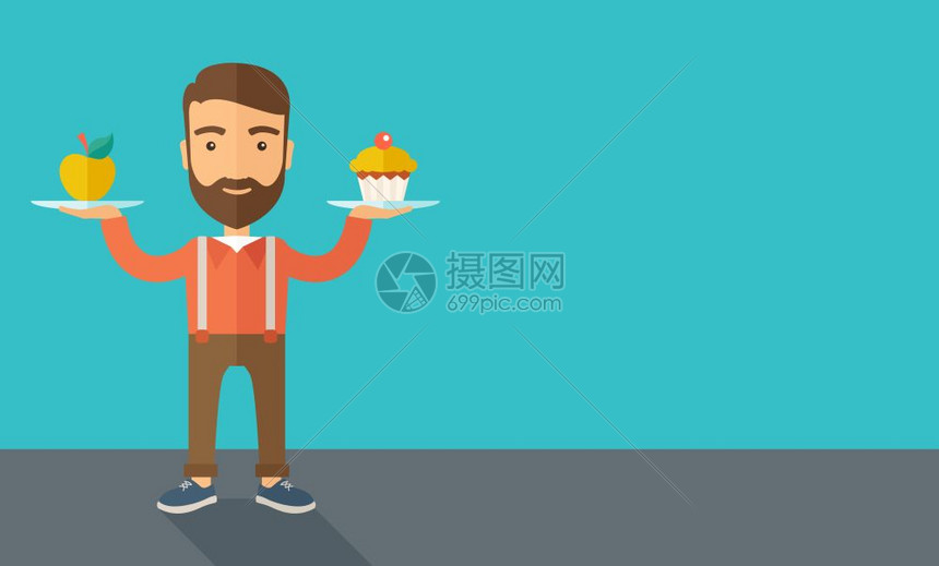 causinhter年轻男子携带两只手蛋糕和苹果作为平衡饮食一种当代风格面盘色深蓝有背景矢量平面设计插图水平布局右侧有文字空间男图片