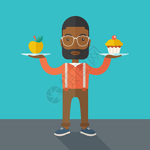 一位非洲裔美国人携带两只纸杯蛋糕和苹果作为平衡饮食一种当代风格面糊调色盘深蓝背景矢量平面设计图示方形布局人携带两只手纸杯蛋糕和苹图片