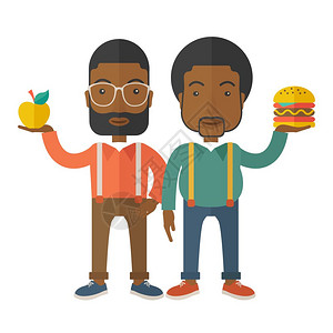 两个黑人商站着比较苹果和汉堡其中的是健康食品一种当代风格有糊调味盘软米色背景矢量平板设计图方形布局两个黑人商将苹果与汉堡比较图片
