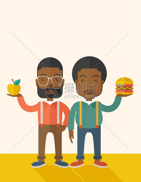 两个黑人商站着比较苹果和汉堡其中的是健康食品一种当代风格有糊色调味盘软米背景矢量平板设计图垂直布局上面有文字空间两个黑人商将苹果图片