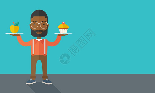一名非洲美青年携带两只纸杯蛋糕和苹果作为平衡饮食一种当代风格面盘色调板深蓝背景矢量平面设计插图水平布局右侧有文字空间男人携带两只图片