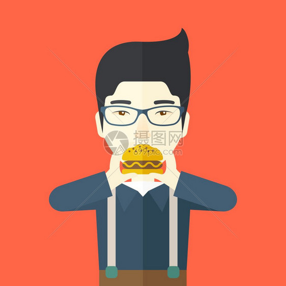 戴着眼镜吃汉堡包的人图片
