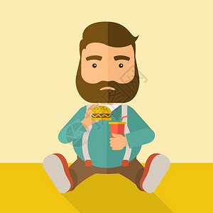 一个胖子坐在地板上一边吃汉堡包喝苏打水食物概念一种当代风格有糊盘软蜜色背景矢量平面设计图方形布局胖子在吃饭时坐着图片