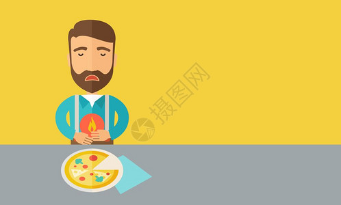 生病的人在吃一块披萨后胃痛或腹这是一种当代风格有糊调色盘黄有背景矢量平面设计图示水平布局右侧有文字空间男人吃披萨后胃痛或腹图片