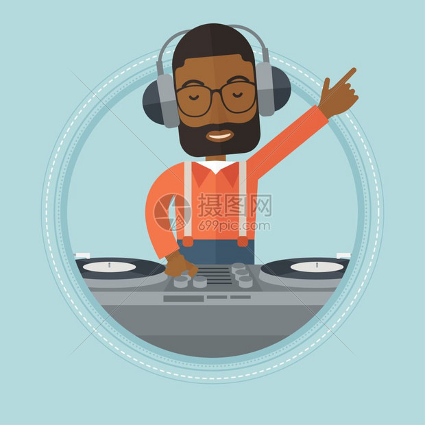 戴着耳机大碟的非洲男DJ卡通矢量插画图片