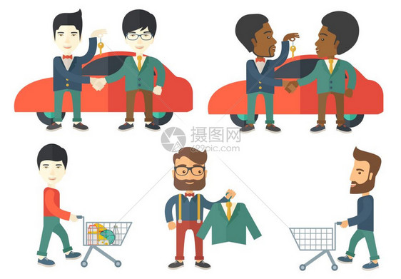 年轻人购买汽车与销售员握手矢量图图片
