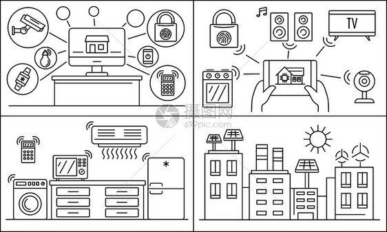 智能房屋建造线条插画图片