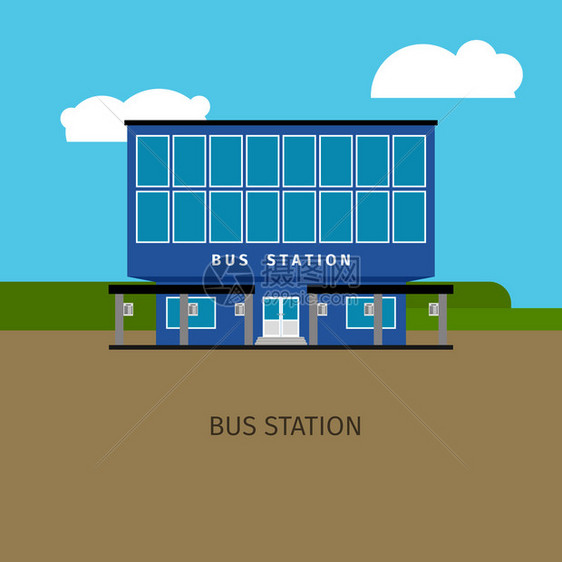 彩色公交车站大楼有天空和云矢量说明图片