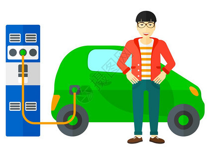一亚洲男子充电电动汽车矢量平面设计图图片