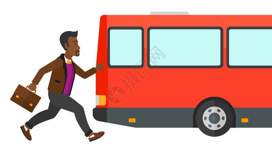 非洲男子沿着人行道跑到公交车矢量平面设计插图上图片