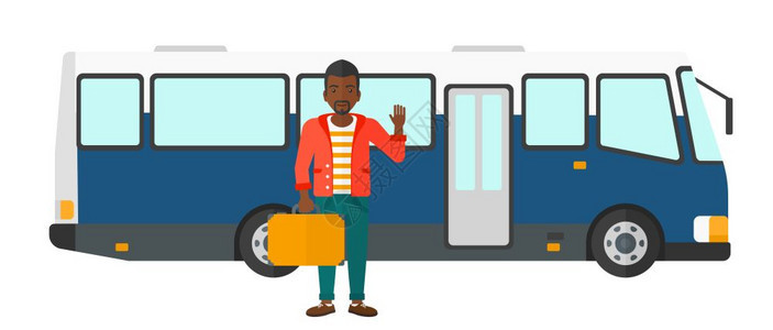 非洲美国人站在公共汽车入口矢量平面设计图图片