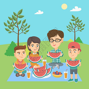 夏季一家人野餐野营在公园吃西瓜矢量插图图片
