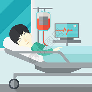 一位在医院床上躺着的亚洲病人心脏速率监控器并下降共振矢量平板设计插图方形布局病人躺在床上图片