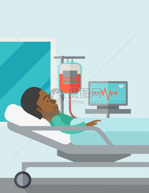 非洲的美洲的ptie躺在医院的床上带有心率监测器并放下counetr矢量平板设计图垂直海报布局带有文字空间病人躺在床上图片