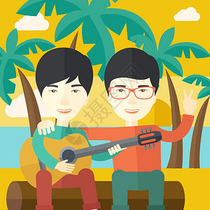 两个快乐的亚裔男人坐在木头上在海滩弹吉他图片