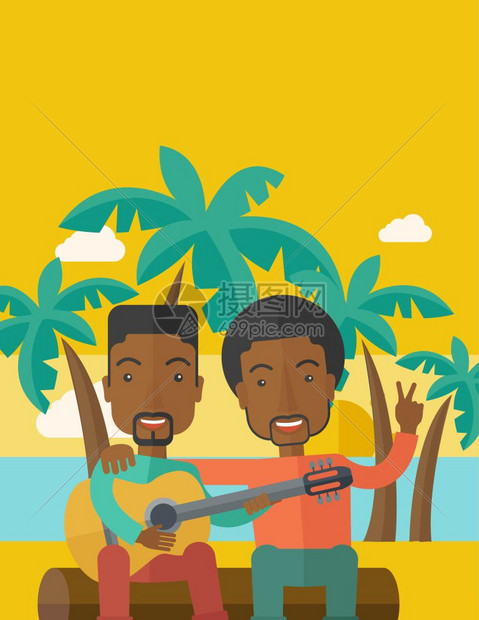 两个快乐的非裔男人坐在木头上在海滩弹吉他图片