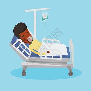 躺在医院床上吸氧输液的非洲男子卡通矢量插画图片