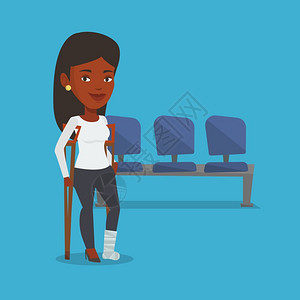 石膏景物腿受伤拄拐杖的人插画