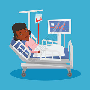 躺在医院床上检测心脏输血的非洲妇女卡通矢量插画图片
