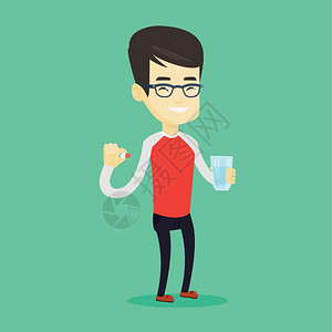 维生素补充剂年轻男子手拿着一杯水和药丸插画