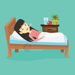 坐躺在床上喝茶躺在床上发烧的亚洲生病妇女用温度计测量的生病妇女患