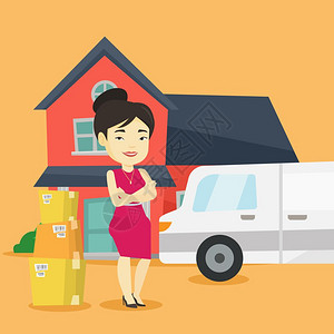 女人搬家建筑背景插画图片素材
