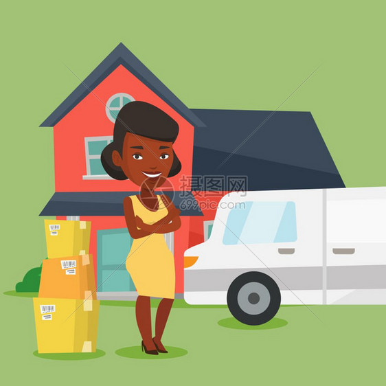 女人搬家建筑背景插画图片