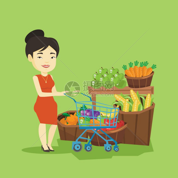 女在超市购买健康产品矢量平板设计图方形布局购物车矢量图的客户