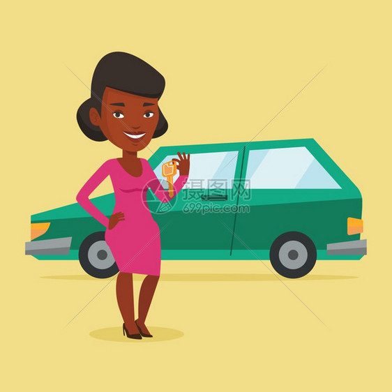 年轻非洲快乐女孩新车钥匙矢量平面设计图图片