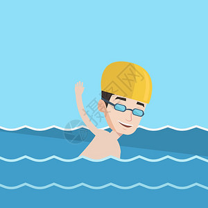 身戴帽子和眼镜在游泳池中游泳的年轻运动员卡通矢量插画图片