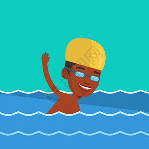 戴帽子和眼镜的年轻非裔运动员在游泳池中游泳图片