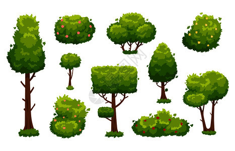 卡通树和灌木绿色植物矢量元素图片