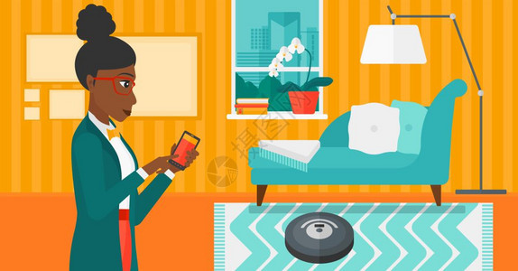 在卧室里使用手机控制扫地机器人的非洲女孩卡通矢量插画图片