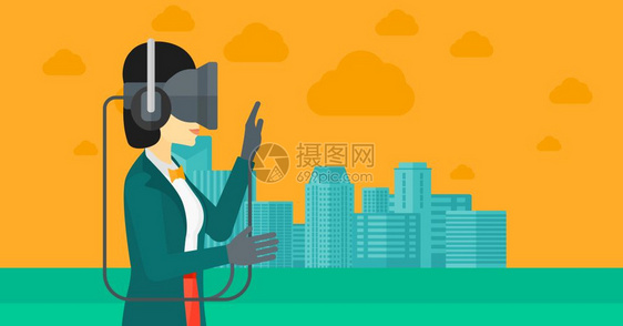 一名身着虚拟relaity头盔的亚洲女在城市背景矢量平面设计图示上身着虚拟relaityhedt图片