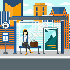 亚洲女人在城市公交车站矢量平面设计图图片