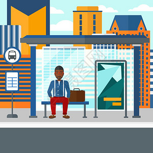 一名非裔美国人在公共汽车站矢量平面设计图图片