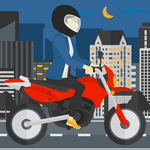 在夜晚的城市街道上骑行的亚裔女摩托车手卡通矢量插画图片