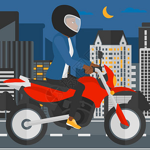 在夜晚的城市街道上骑行的非洲女摩托车手卡通矢量插画图片